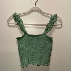 Aerie Jungle Thrills Green Smocked Crop Tank Lettuce Trim